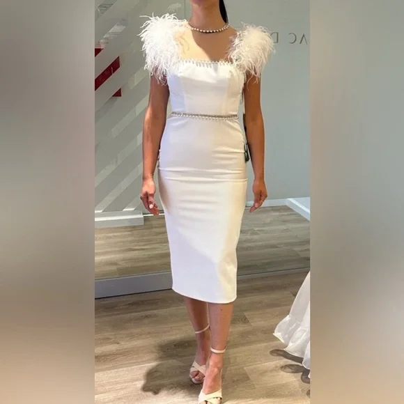 NWOT MAC DUGGAL FEATHER CAP SLEEVE PEARL EMBELLISHED T-LENGTH FIT DRESS sz 6 - Picture 2 of 11